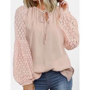 WOMEN'S SEXY ROUND TIE NECK LACE SLEEVES LOOSE BLOUSE COLOR PINK NWOT Size L